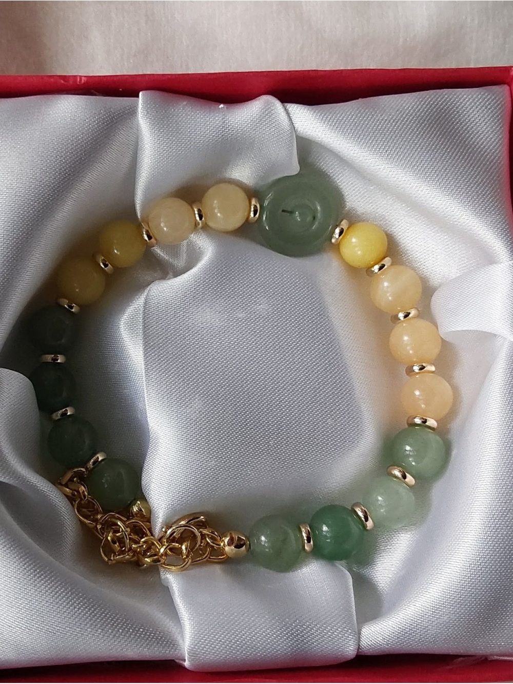 Green and Yellow Beaded Gemstone Bracelet - Gold Accents
